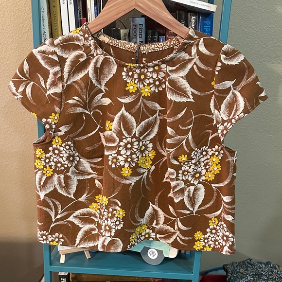 handmade Tops - Vintage Brown Floral Barkcloth fabric cropped top